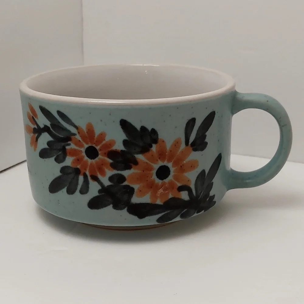 Vintage Soup Bowl Light Blue Orange Flowers